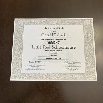 Yamaha Little Red Schoolhouse 1997 Certificate Of Gerald Paluck Piano Service  - Image 1 of 4