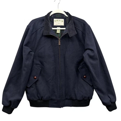 Orvis Wool Bomber Jacket Mens Medium Navy Blend Corduroy Collar Plaid Lining - Image 1 of 4