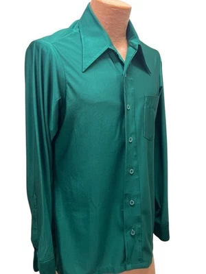 Sz M Mens Vtg 70s Qiana  Nylon Disco Shirt Dagger Collar Dark Green Straight Hem - Image 1 of 4