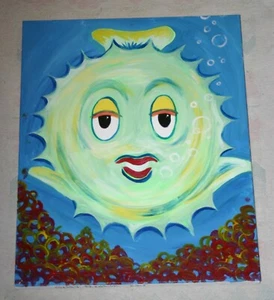 BLOWFISH UNDERWATER OCEAN SEA PUFFER FISH ORIGINAL ART OIL PAINTING WHIMSICAL - Picture 1 of 4