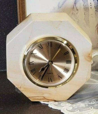 Marble Slab Hexagonal Quartz Table Shelf Mantle Clock 5 1/2" Heavy - Image 1 of 4