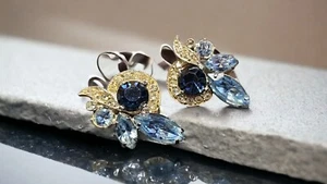 EISENBERG ICE Gold Tone Blue Rhinestone Clip Earrings Vintage Signed - Picture 1 of 8