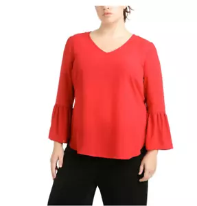 NY Collection Bell Sleeve Hi Low Blouse Red Plus Size 1X New With Tags - Picture 1 of 2
