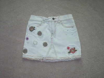 GUESS NATURAL COLOR DENIM SKIRT GIRLS 10 RAISED FLORAL W/ BEADING, 4 POCKETS - Image 1 of 3