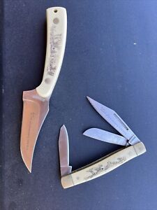 Schrade Old Timer 55th Anniversary Deer Scrimshaw Sharpfinger Collectible Knife 