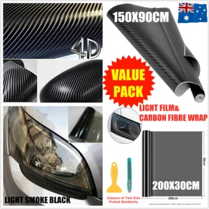 2pcs Car Light Smoke Black Tint Film Head Tail lights 4D Carbon Fibre Vinyl Wrap - Picture 1 of 12