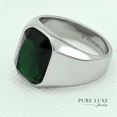 Мужские, из нержавеющей стали высоты польский зеленый CZ камень лед блестящие кольца #7-12 коробка - Изображение 1 из 3