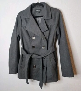 New Look Wool Blend Womens Large Peacoat Charcoal Gray Lined Waist Tie Pockets - Picture 1 of 15