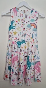 Girls Unicorn Summer Dress Sleeveless Skater Rainbows Sundress Stretchy SIZE L - Picture 1 of 11