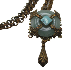 Vintage Jan Michaels Brass Green Stone with Turquoise Victorian Style Necklace