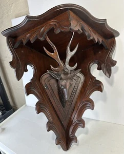 Antique Germany Black Forest Corner Shelf Large Carved Walnut Stag Deer Clock - Picture 1 of 16