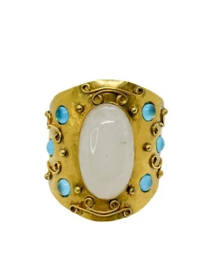 Brazalete artesanal artesanal cuarzo y piedras de vidrio cabujón azul verdoso Foto 1 de 4