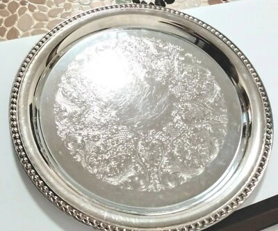 DE COLECCIÓN WM ROGERS PLACA DE PLATA 12" BANDEJA REDONDA AÑOS 70 4571 LLANTA DES BEAD GRABADA Foto 1 de 4