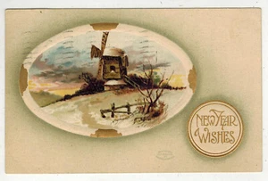1911 POSTCARD ERIE PENNSYLVANIA NEW YEAR WISHES WINDMILL NICE GOLD EMBOSSED - Picture 1 of 2