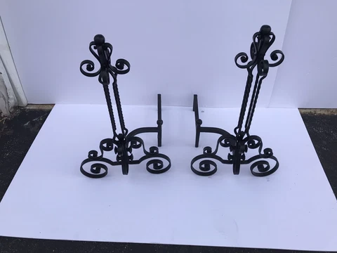 Vintage Pair Tall Hand Wrought Iron Andirons Ornate Scroll Unique Design Cover