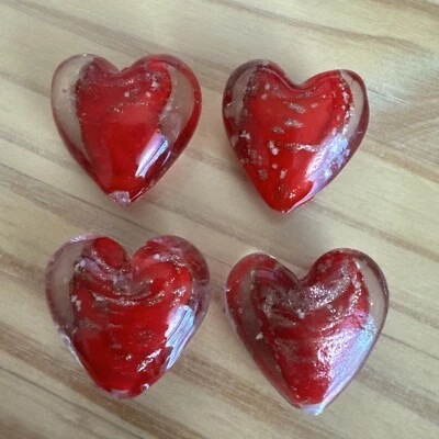 4 RED GOLD SAND HEART 3D Puffy 28mm  LAMPWORK GLASS -jewelry beads - Image 1 of 4