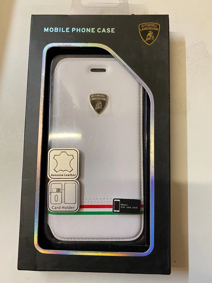 Custodia cellulare Lamborghini iPhone 7 tipo libro pelle bianca phone cover - Immagine 1 di 1