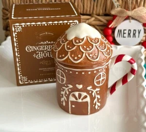 Pottery Barn Gingerbread House Mug With Lid Christmas Holiday Seasonal NIB NEW - Picture 1 of 11