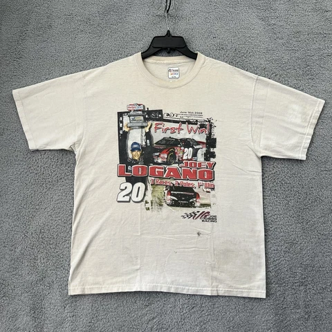 Joey Logano Shirt Mens XL White 2008 First Win Joe Gibbs Racing Distressed 1649 Cover
