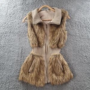 FRESH SOUL Womens Jacket Vest Szie 6 Brown Beige Fur Sleeveless Collared Zip - Picture 1 of 14