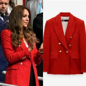 CHAQUETA BLAZER RARA ZARA ROJA TEXTURIZADA DOBLE BOTONADURA BOTONES DORADOS GRANDE L NUEVA - Imagen 1 de 9