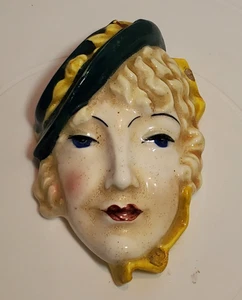 Vintage 1930s Art Deco Lady Face Wall Hanging Green & Yellow Hat - Picture 1 of 11