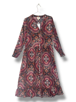 Vestido Kachel x Anthropologie Boho Maxi Estampado Azulejos Reino Unido 10 Borgoña Botón Delantero sh Foto 1 de 4