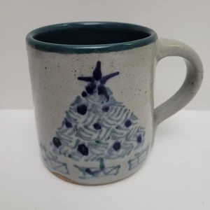 Great Bay Pottery Mug Dover NH Gray and Blue 4" Tall Christmas Tree  Glazed - Picture 1 of 4