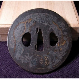 Tsuba Eisenplatte Wolkendrache Juwel Intarsien Edo Periode 24J005 edle Holzbox - Bild 1 von 7