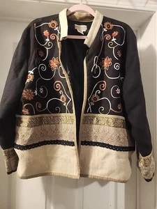 Coldwater Creek Pockets Linen Embroidered Jacket Boho Artisana Cottage Christmas - Picture 1 of 11