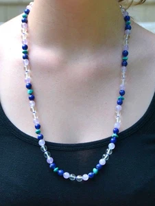Lapis, Rose Quartz, Rock Crystal & Turquoise Beaded Necklace w Gold Filled Clasp - Picture 1 of 4