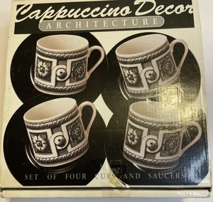 Art Deco Cappuccino Set of 4 Cups & Saucers. Made in Japan. Black & White Vtg - Picture 1 of 11