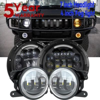 7inch Halo LED Headlights & 4'' Fog Lights Combo Kit For Hummer H2 H3T 06-10 - Image 1 of 4