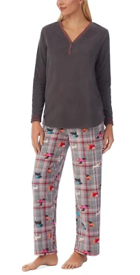 Conjunto de pijama Cuddl Duds Z2231 feminino cinza Henley top e calça xadrez 'cão' tamanho G - Imagem 1 de 4