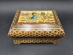 Vintage Persian Khatam Jewelry Box Marquetry Wood Hand Painted Hunting Laquer - Picture 1 of 11