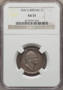 ENGLAND WILLIAM IV 1834 1 SHILLING COIN, NGC CERTIFIED ALMOST UNCIRCULATED, AU55 - Picture 1 of 2