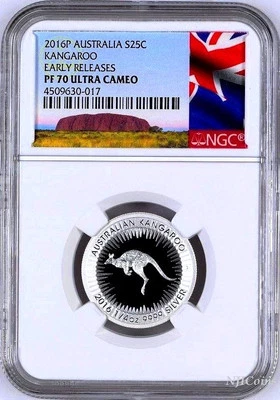 PROOF 2016 Australia Red Kangaroo Silver 1/4 oz coin NGC PF 70 ER NEW Label - Image 1 of 2