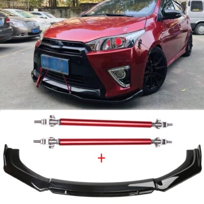Alerón divisor de labios de parachoques delantero negro brillante + varillas de puntal para Toyota Yaris 04-22 Foto 1 de 4