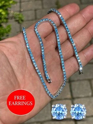 Juego de collar y pendientes de aguamarina de corte redondo de 30 quilates creados en laboratorio de 16" para mujer Foto 1 de 4