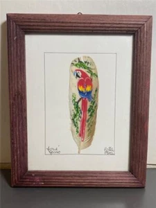 Framed Genuine Folk Art Painting On Feather Artist Signed Costa Rica Parrot - Picture 1 of 1