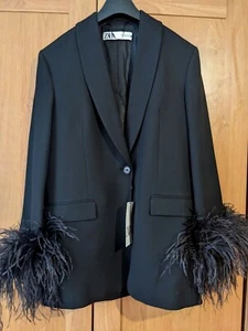 A001 LIMITED EDITION ZARA STRAIGHT BLAZER JACKET WITH FEATHERS BLACK COAT - S - Picture 1 of 21