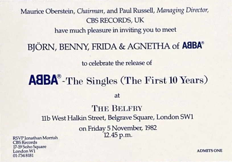 ABBA 'The Singles' Launch Ticket - 5 Nov 1982 - The Belfry, LONDON 6"x4" reprint - Image 1 of 1