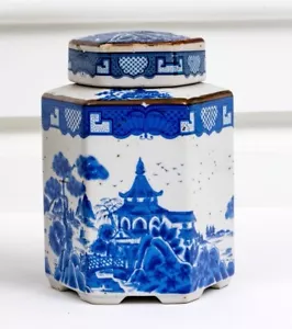 Antique Early 20th century Chinese Export Porcelain Tea Caddy Blue & White - Picture 1 of 15