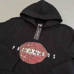 Packwoods Hoodie Lips Graphic Pullover Sweatshirt Black Cotton Men's Medium - Picture 1 of 8