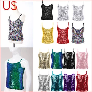 Girls Shiny Metallic Dance Crop Tops Sleeveless Camisole Tank Tops Cheer Jazz - Picture 1 of 128