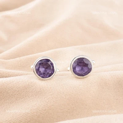 Sterling Silver Iolite Gemstone Purple Mens Business Formal Cufflinks Jewelry - Image 1 of 4