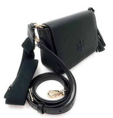 Bolso Bandolera Tory Burch Para Mujer Cuero Guijarro Thea Solapa Negro Foto 1 de 4