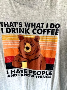 Mens Funny T Shirt Bear with Coffee Sz XL Multicolor Ring Spun Gray - Picture 1 of 5