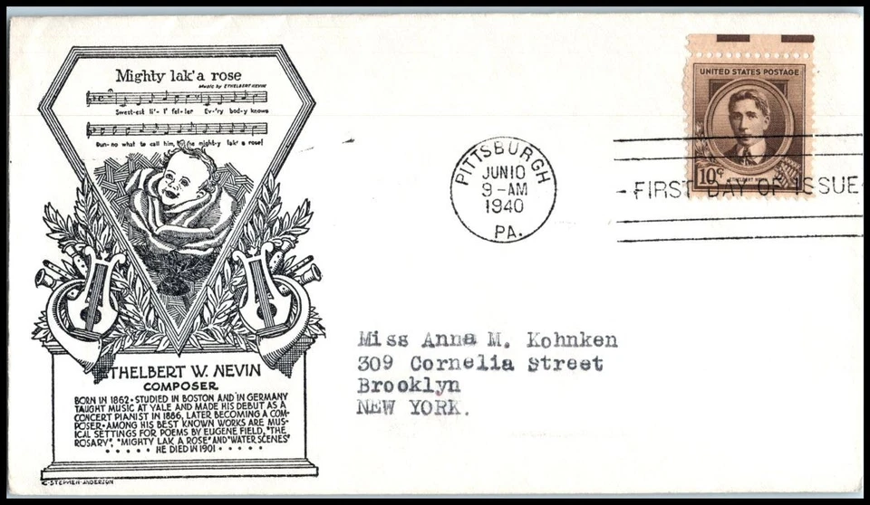 1940 Ethelbert Nevin composer Sc 883 FDC with C. Stephen Anderson cachet (54 - Image 1 of 1