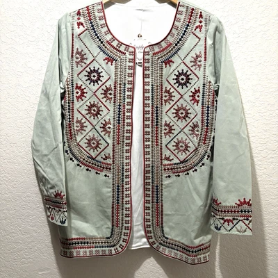 Embroidered Open Jacket Womens Medium Mint Green Boho Floral Short - Image 1 of 4